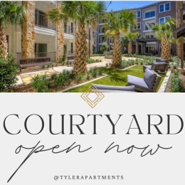 The courtyard is perfect for hanging out with a friend on a breezy evening.😌⛲🌴 Instagram post from @tylerapartments on June 20, 2024 09:02:01am
